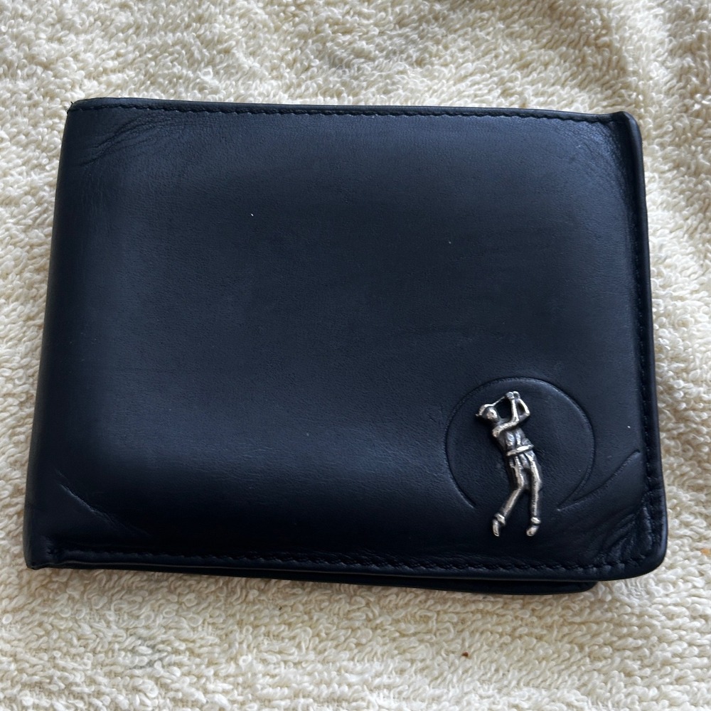 Fossil Mens Black Leather Bifold Wallet Vintage Golf Golfer 3D Emblem Accessory